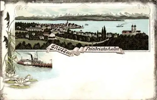 Litho Friedrichshafen am Bodensee, Panoramablick auf die Stadt, Dampfer