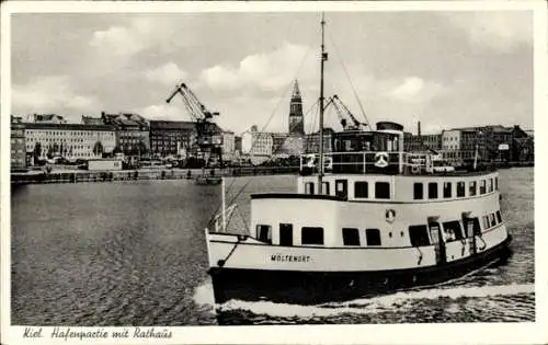 Ak Kiel Schleswig Holstein, Hafen mit Rathaus, Dampfer Möltenort