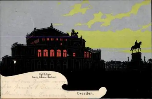 Künstler Ak Dresden Altstadt, Königliche Hofoper, König Johann Denkmal, Silhouette
