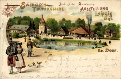 Litho Leipzig, Sächsisch Thüringische Industrie und Gewerbeausstellung 1897, Trachten, Dorf