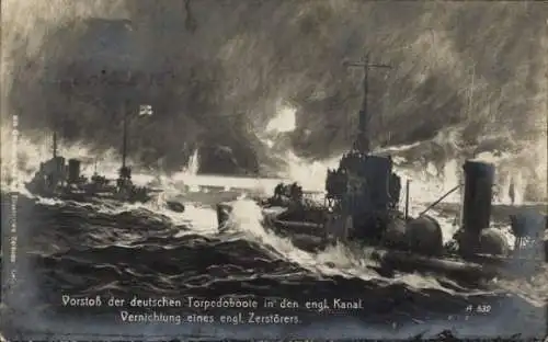 Künstler Ak Deutsche Torpedoboote im englischen Kanal, Vernichtung englischer Zerstörer