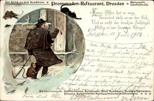 Litho Dresden, Promenaden-Restaurant, Webergasse, Scheffelstraße, Betrunkener im Schnee, Affe
