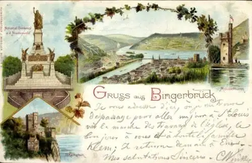 Litho Rüdesheim am Rhein, Mäuseturm, Niederwald Nationaldenkmal, Rheinstein, Bingerbrück