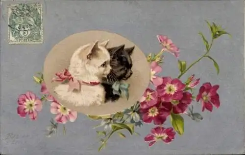 Passepartout Litho Zwei Katzen mit Halsband, Blumen
