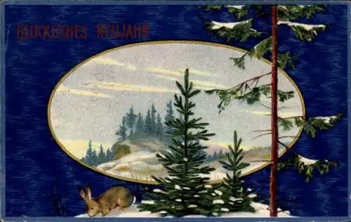Präge Passepartout Ak Glückwunsch Neujahr, Tannenbäume, Hase