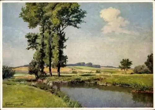 Künstler Ak Frankl, F., Erntezeit, Fluss, Bäume