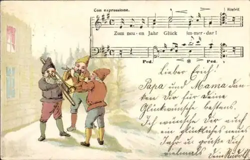 Lied Litho Glückwunsch Neujahr, Muszierende Zwerge