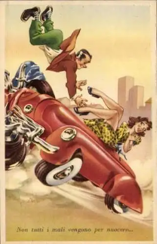 Ak Paar fährt im roten Auto, Frau in gepunktetem Kleid