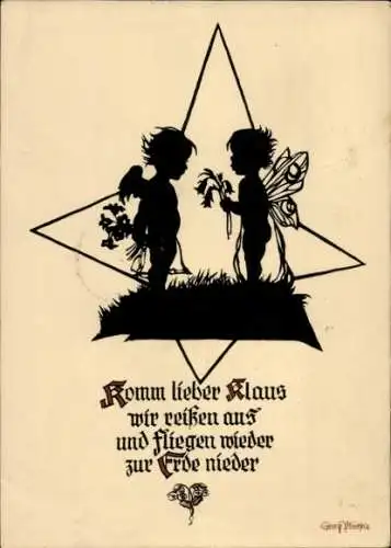 Scherenschnitt Künstler Ak Plischke, G., Kinder, Liebespaar, Komm lieber Klaus...
