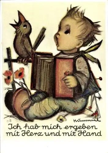 Künstler Ak Hummel, B., Kind und Vogel singen zusammen, Musikinstrument
