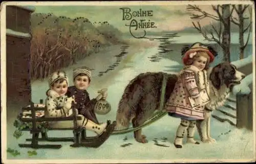 Ak Glückwunsch Neujahr 1900, Hund, Schlitten, Kinder, Geldsack