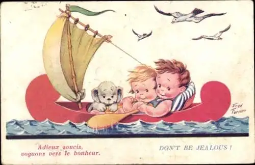 Künstler Ak Turner, F., Kinder und Hund im Ruderboot