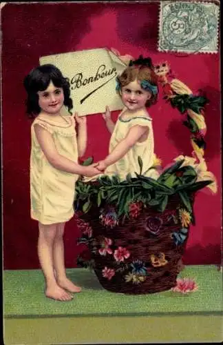 Ak Kinder, Gemaltes Porträt, Korb, Blumen