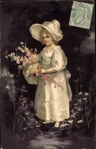 Ak Mädchen in weißem Kleid, Blumenkorb