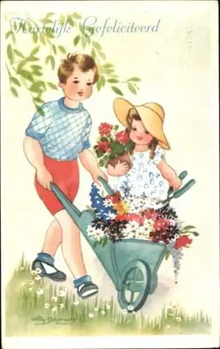 Künstler Ak Schermele, W., Glückwunsch, Kinder, Schubkarre, Blumen
