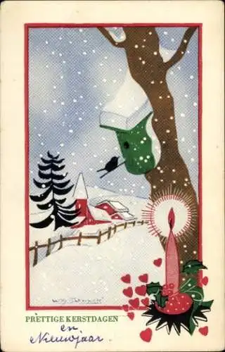 Künstler Ak Schermele, W., Glückwunsch Weihnachten, Vogelhäuschen, Kerze