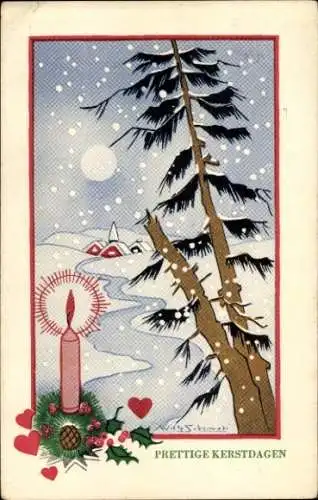 Künstler Ak Schermele, W., Glückwunsch Weihnachten, Tannenbäume, Kerze