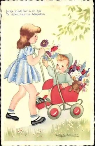 Künstler Ak Schermele, W., Mädchen, Kinderwagen, Blumen