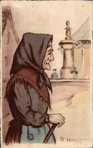 Ak Straßburg Elsass Bas Rhin, Eine alte Frau steht vor einem Brunnen.