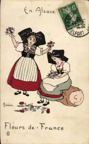 Ak Belfort Beffert Beffort Territoire de Belfort, Zwei Mädchen in elsässischer Tracht mit Blumen