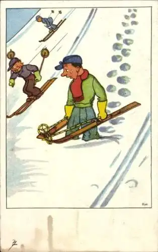 Ak Davos Kanton Graubünden, Ein Mann mit Skiern, der einen anderen Mann mit Skiern an einer Le...