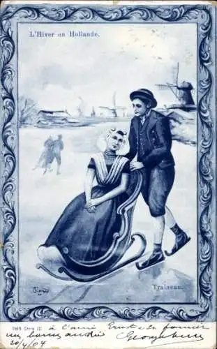 Künstler Ak Winter in Holland, Pärchen auf Schlitten