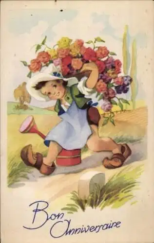 Ak Dresden Niedersedlitz, Ein kleiner Junge mit einem Strohhut und einer blauen Schürze trägt ...