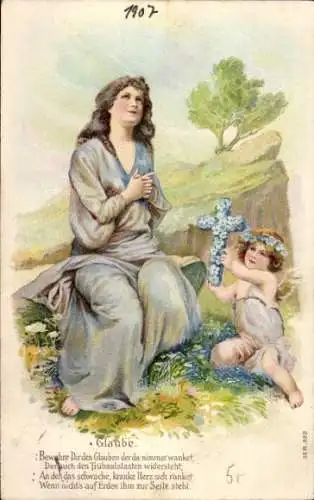 Ak Dresden Bühlau, Engel mit Kreuz Frau im blauen Kleid