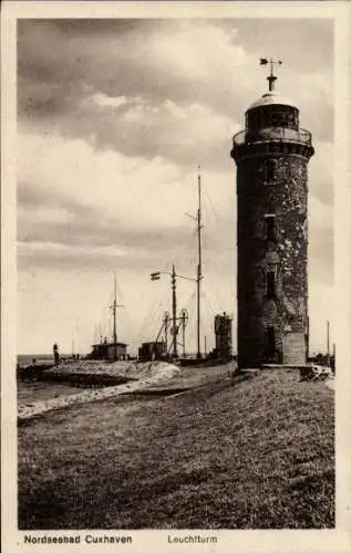 Ak Nordseebad Cuxhaven, Leuchtturm, Nordseebad  Schiff im Hafen, Wolken am Himmel