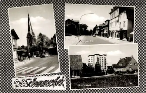Ak Schwarzenbek in Lauenburg, Drei Ansichten: katholische Kirche, Laue Burger Straße, Hochhaus