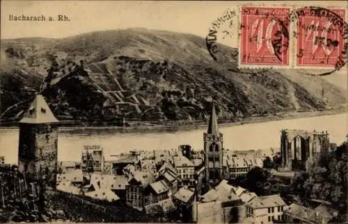 Ak Bacharach am Rhein, Schöne Stadtansicht, historische Gebäude, Rhein, Burg, Weinberge