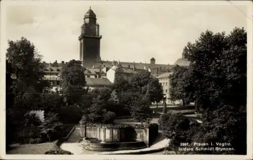 Ak Plauen im Vogtland, Isidora Schmidt-Brunnen, Parkanlage, historischer Turm, Bäume