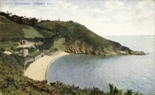 Ak Kanalinsel Guernsey, Fermain Bay, Küstenlandschaft, ruhiges Wasser, Klippensicht, Pflanzen