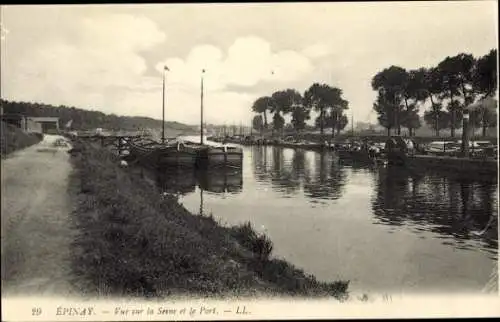 Ak Epinay sur Seine Seine Saint Denis, Blick auf die Seine, Boote am Hafen, ruhige Wasseroberfläc