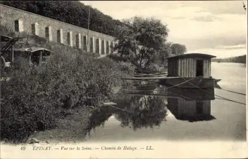 Ak Epinay sur Seine Seine Saint Denis, Boot auf der Seine, Landschaft, ruhiges Wasser, Ufervegeta