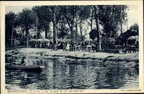Ak Montfermeil Coudreaux Seine Saint Denis, Terrasse am See, Boot, Cafés, Bäume