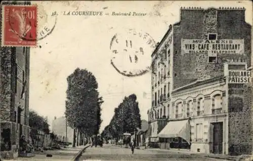 Ak La Courneuve Seine Saint Denis, Boulevard Pasteur, Vins Café Restaurant, Boulangerie,  Szeneri