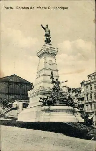 Ak Porto Portugal , Denkmal, Statue von D. Henrique, Grünflächen, Stadtblick