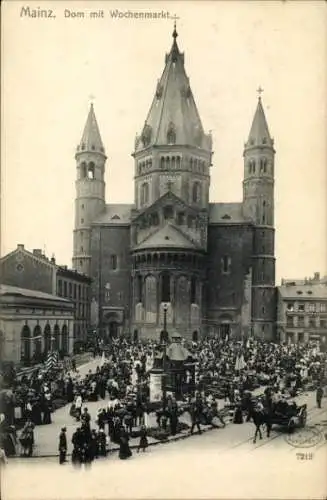 Ak Mainz Rheinland Pfalz, Blick auf dem Dom mit Wochenmarkt