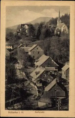 Ak Schierke Wernigerode im Harz, Dorfstraße, Häuser, Kirche, Wald, Berg