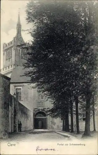 Ak Bad Cleve Kleve am Niederrhein, Portal zur Schwanenburg, alte Architektur, Bäume, zwei Figuren