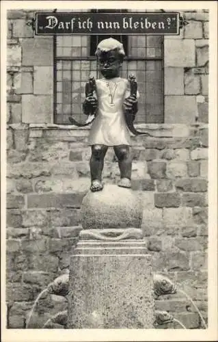 Ak Aachen, Skulptur, Zierbrunnen, Fischmarkt, Aufschrift: Darf ich nun bleiben?