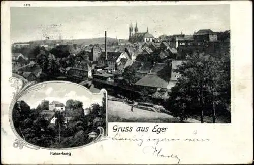 Ak Cheb Eger Reg. Karlsbad, Blick auf den Ort, Kaiserburg, Kirche, Schornstein