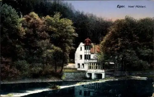 Ak Cheb Eger Reg. Karlsbad, Insel Mühlerl, Restaurant am Wasser, Wehr