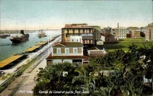 Ak Port Said Ägypten,  Kanalblick,  Gebäude, Schiffe im Hafen