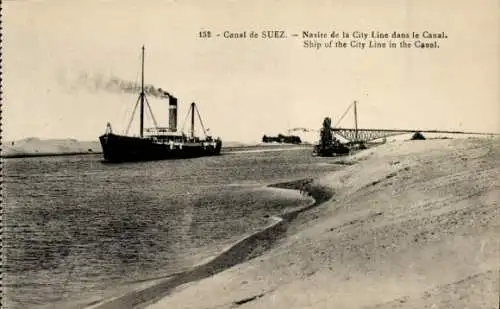 Ak Canal de Suez Ägypten, Navire de la City Line dans le Canal, Dampfer
