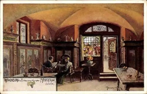 Ak Rothenburg ob der Tauber Mittelfranken, Altdeutscher Weinkeller, Meistertrunk, rustikales Inte