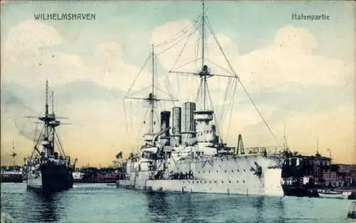 Ak Wilhelmshaven, Hafen, Deutsche Kriegsschiffe