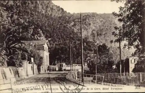 Ak Monaco, Bahnhof, Hotel Terminus, Straßenbahn, Hügel, Landschaft