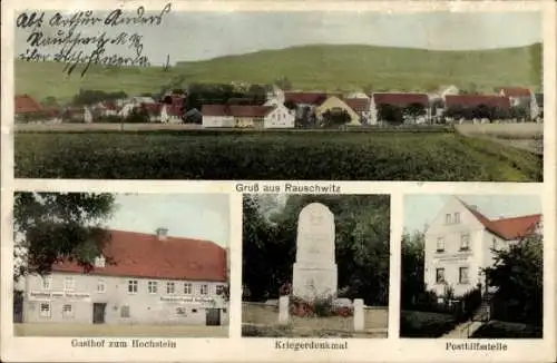 Ak Rauschwitz Elstra Oberlausitz, Gesamtansicht, Gasthof zum Hochstein, Kriegerdenkmal, Post
